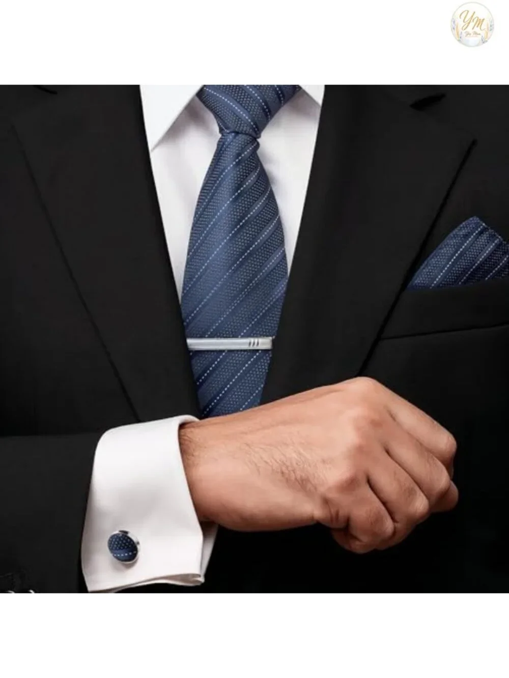 Men's Silky Tie Set with Pocket Squares, Tie Clips & Cufflinks